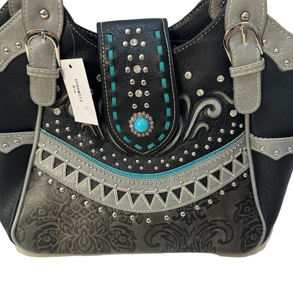 (7-200) Brand New with Tag -Black & (Turq) Western Style Two Handle Shoulder Bag - Picture 9 of 12